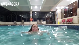 busty BBW flashing &amp; doing jumping jacks in hotel public pool