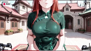 Redhead Emerald Qipao Kneels Eastern Courtyard Dappled Light Lazy Teasing Sensual Open Back Private