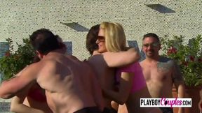 Naked fun in the water with swinging MILF couples
