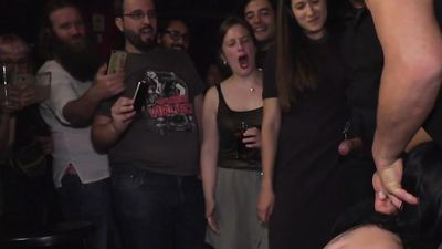 Euro slave made rimming guys ass in public bar