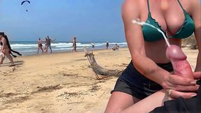 Milf jerks me off in front of everyone  Public ejaculation