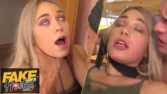 Blonde college student enjoys rough sex with muscular men in threesome
