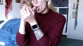 Glass dildo BJ, precum licking fantasy