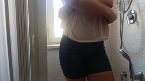 masturbation to orgasm in the hotel shower with the window open, ending with pissing