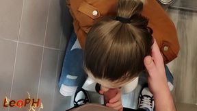 Exclusive POV of busty teen giving deepthroat blowjob in disco bathroom
