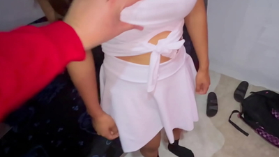 with her panties on side opening her tight pussy before her tennis match. She loves dick!