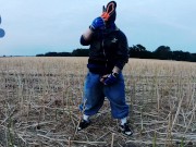 Baggy-Skater-Pup pawing off out on field sniffing Airmax 270