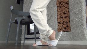 I wiggle my long toes in white slippers c