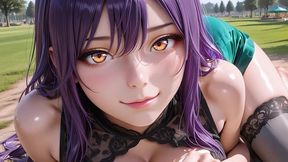 [ai-generated] this stunning purple hair beauty teases then rides him under the trees