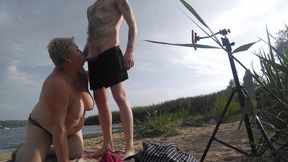 Blowjob and cum in mouth on a beach