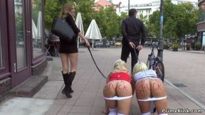 Large-Breasted blond hair ladies pissing on the street