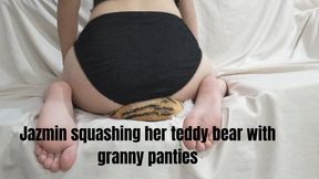 Jazmin squashing her teddy bear with granny panties