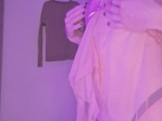Naughty femboy in transparent nightie shows her chastity cage and tiny ass