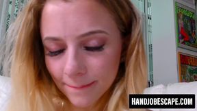 Slutty blonde Riley Star jerks cock before getting facialized