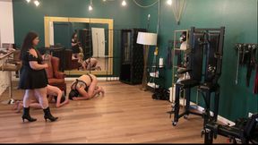 BDSM Dungeon Sluts Dominate Masked Gimp in Harness