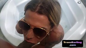 Inked shemale jerks and blows pov shaft