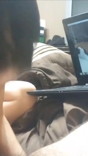 Amateur Wife Sucks and Jerks Cock While Watching Her Homemade Porn