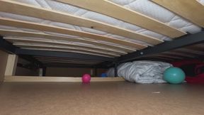 Nastya hard jump on bed (new matrac) walking with dirty sneakers and high heels and barefoot + socks An angle from underneath the bed, showing how the slats are sagging