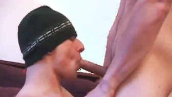 Four horny twinks stroke and suck each other on the couch