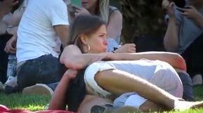 Just a horny and lovely brunette teen with her boyfriend in the park