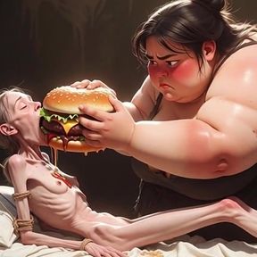 Extremely Skinny Girl Fed by Massive SSBBW - Extreme Feederism Contrast