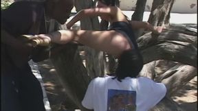 Teen in need of cock rides two ebony studs and takes nasty facials