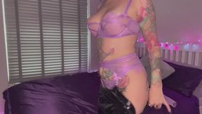Scarlett's lilac satin blouse and latex pants tease