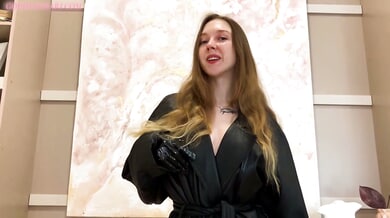 Gloved brunette in black top guides viewer through intense handjob and creampie consumption