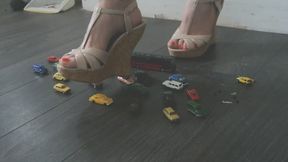 Giantess goddess Charlie Caroline Crushes a lots of tiny cars and a bus in mega Wedges with painted toenails right low close up view