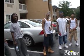 Group of black gays and one white twink enjoy hard anal sex on the bed