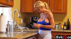 Busty blonde stepmom bends over backwards for stepson's cock