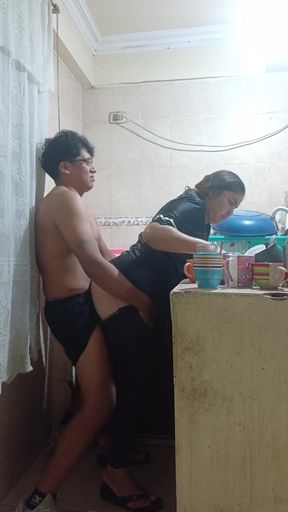 I fuck my stepsister in the kitchen, my aunt almost discovers us   Clip 1