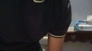 Uncut American daddy strokes his big cock in the bathroom before explosive cumshot