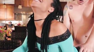 Flat chested ebony hot Kira Noir bounces on a fat