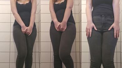 Desperate teen wets tight jeans flooding until soaked