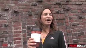 Thin brunette Amber Rayne becomes a human urinal