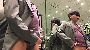 Asian man is just suppose to buy clothes and fit them at the department store fitting room but ended up masturbating with hot Creampie cumshot overload