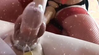 Chastity cage locked Santa getting prostate grind by fem dom gf made him cum into his cage