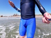 Men and women on the beach get horny seeing my cock in wet spandex