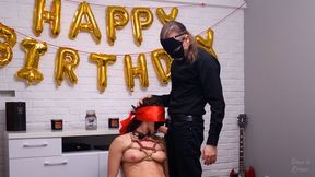 Chair-tied blindfolded MILF gets her head controlled for a dominant blowjob on her Master's birthday!