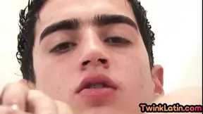 21yo twink Latin fingers ass and jerks cock in solo action