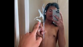Licking my own cum on the mirror