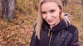 Blonde whore gets fucked in the woods and swallows huge cumload