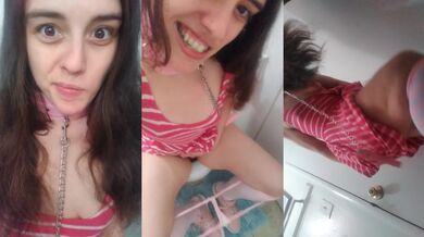 This horny PAWG with a BDSM leash pisses while choking on her collar