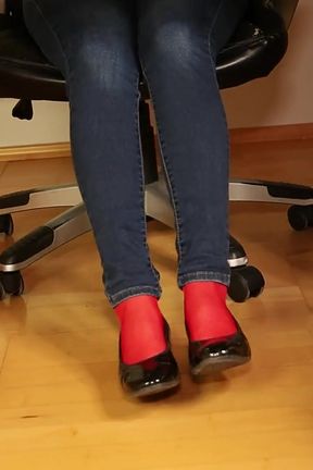 Red Nylon Feet in Black Shiny Heels - Dangling &amp; Tease in Tight Jeans