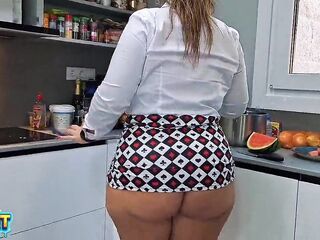 Big butt stepsister gets caught in the kitchen and ends up cumming in her ass