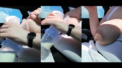 Big milk tits squeezed dry in the car while mom pumps in public