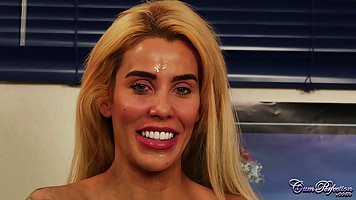 Tattooed blonde, Alice Judge sucks dick and gets cum on face, during a porn video casting