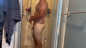Muscular DILF jacking his fat cock in the shower AND fingering his asshole to help him NUT!!!!