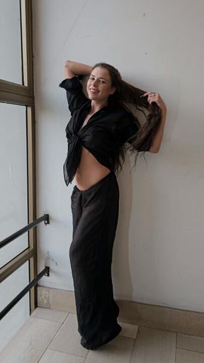 Sensual and horny brunette with black pant and shirt dance and make streap sensual and go all naked